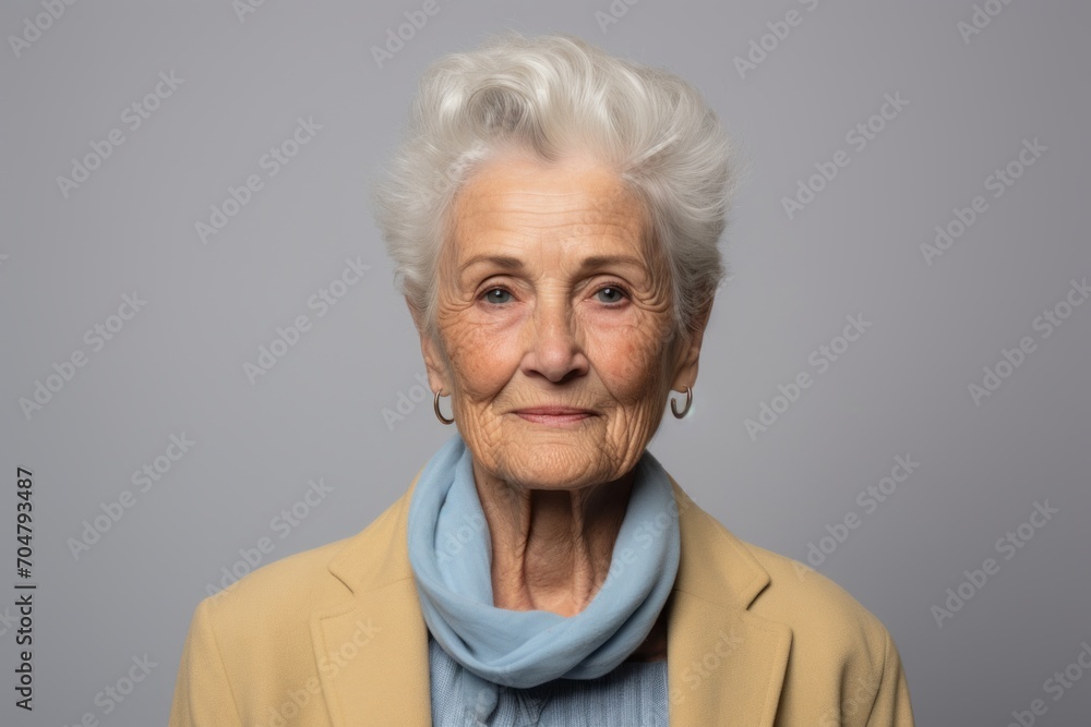 Portrait of a happy senior woman with grey hair over grey background Portrait of a happy senior woman with grey hair over grey background