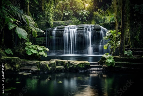 Photo of a tranquil waterfall surrounded by lush greenery. Generative AI