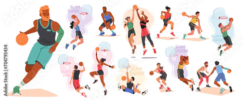 Vector Set Of Athletes Dribble And Shoot On Court, Their Sneakers Squeaking. Sweat-soaked Jerseys Cling