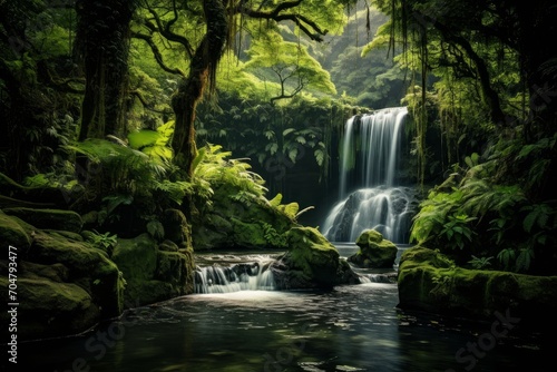 Photo of a tranquil waterfall surrounded by lush greenery. Generative AI