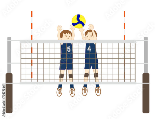 バレーボールの試合で二人でブロックをする女の子達(全身)