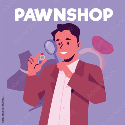 Pawnshop expert appraiser looking at golden ring with red gemstone, man evaluating jewelry under magnifying glass vector