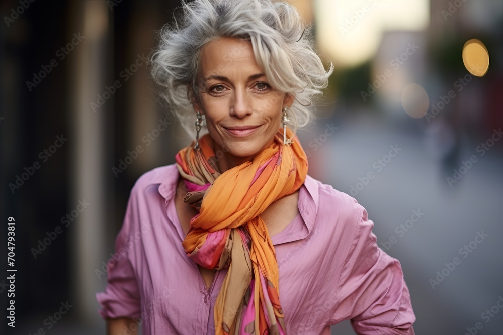 Portrait of a middle-aged woman in a pink shirt and orange scarf