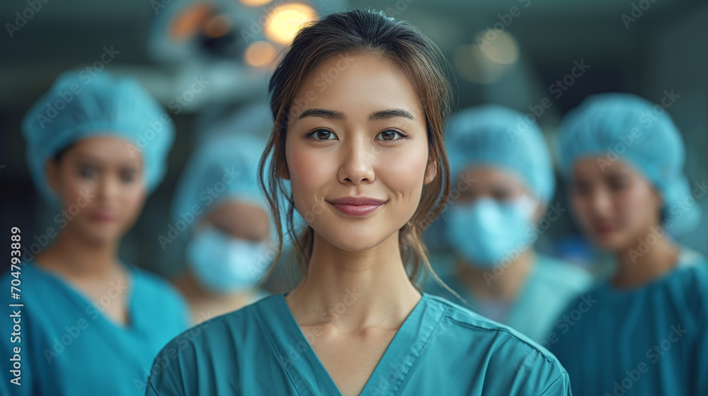 Fototapeta premium Dedicated Asian female surgeon in OR attire, poised for surgery, exemplifying medical expertise and focus