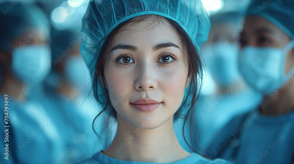Skilled Asian surgeon in scrub cap and mask, ready in the operating theater, symbolizing healthcare proficiency Skilled Asian surgeon in scrub cap and mask, ready in the operating theater, symbolizing healthcare proficiency