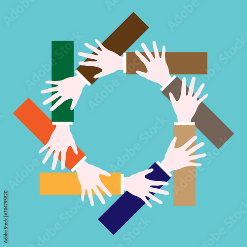 Hand Creative Connection with Teamwork. Cultural equity, diversity togetherness concept. Round symbol of unity, team, group, partnership, leading, support, community. 