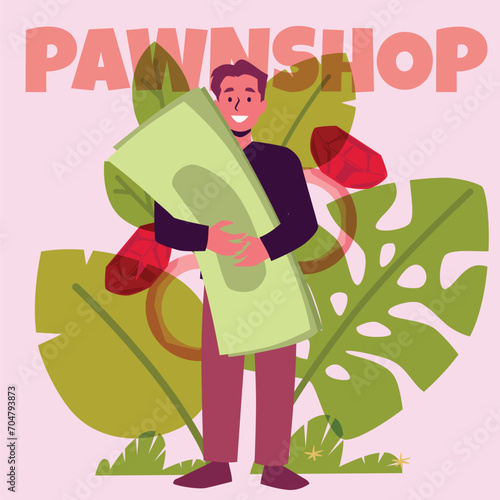 Pawnshop poster or banner with customer got lend or loan, vector illustration.