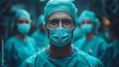 Surgeon with medical team, hospital operation, surgical care, healthcare workers, OR concentration.