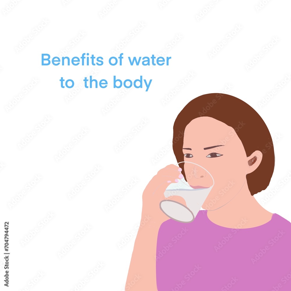 Woman drinking water with glass, illustration Woman drinking water with glass, illustration