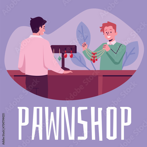 Pawnshop expert appraiser looking at golden necklace with red gemstones, vector evaluating and exchange business poster