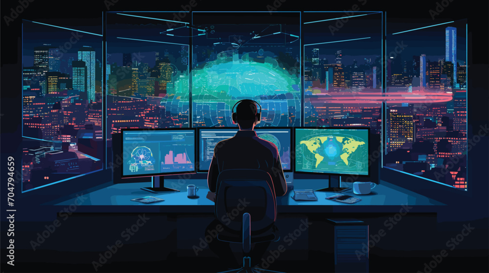 cybersecurity with a vector scene featuring cybersecurity professionals monitoring networks, analyzing logs, and responding to potential threats in real-time. 