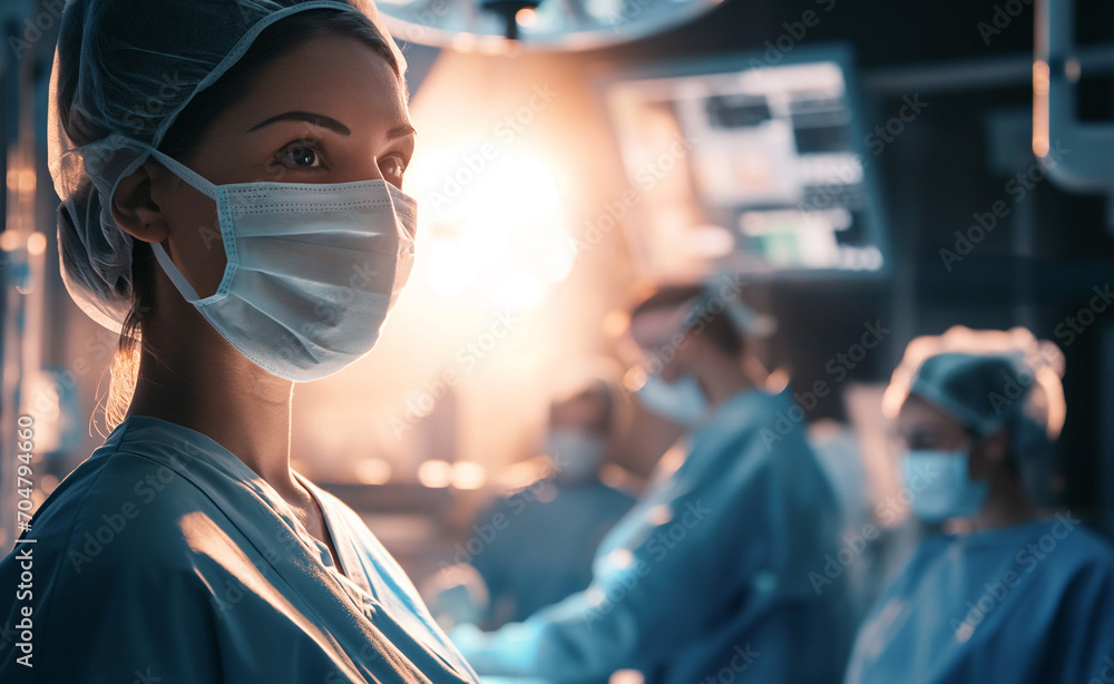 Focused woman surgeon in OR attire with medical staff operating in sterile environment.