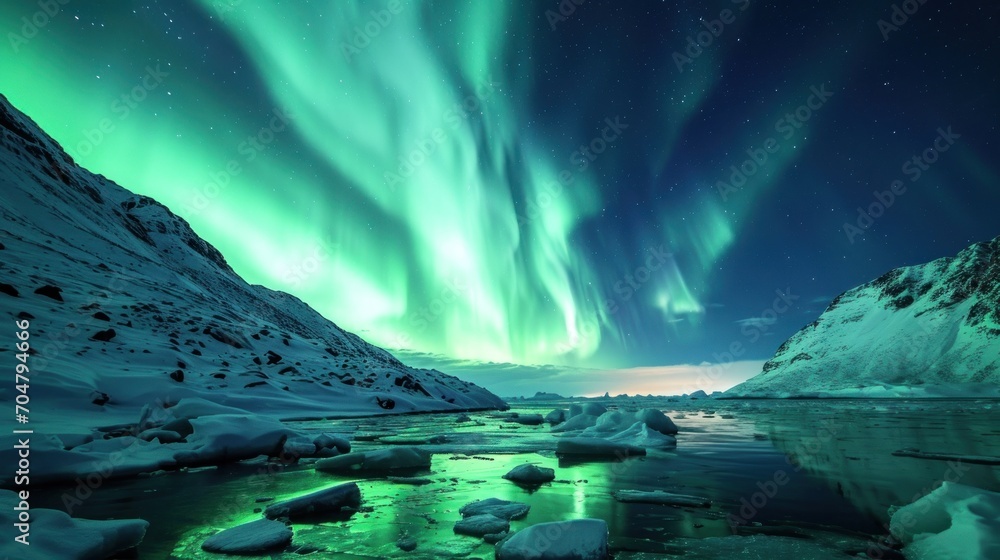  an aurora bore is seen over a frozen lake in the middle of a snow covered landscape with ice chunks and icebergs in the foreground.