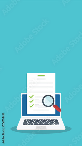 Online digital document inspection or assessment evaluation on laptop computer, contract review, analysis, inspection of agreement contract, compliance verification.	