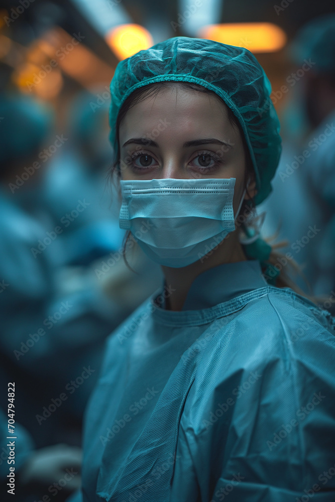 Focused female surgeon in scrubs with a medical mask, head cap, and intense gaze in a hospital setting, embodying professionalism and care..