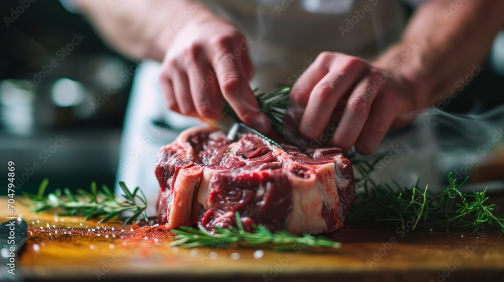 a person chopping up a piece of meat on a cutting board with a knife and sprig of rosemary.
