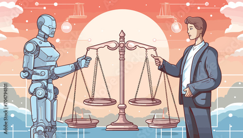 ethical dilemmas arising from biased AI algorithms in a vector art piece depicting situations where AI systems perpetuate discriminatory practices or reinforce existing prejudices. 