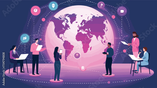 global connectivity facilitated by smartphones in a vector scene featuring individuals engaging in virtual meetings, connecting with people worldwide, and staying informed about global even