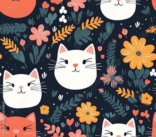 seamless pattern with cats and flowers © wudu_8