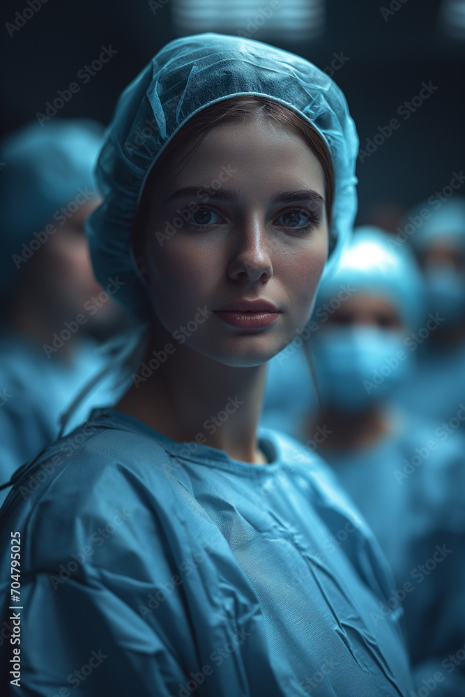 Woman surgeon with focused gaze, medical team, surgical mask and cap, hospital setting Woman surgeon with focused gaze, medical team, surgical mask and cap, hospital setting