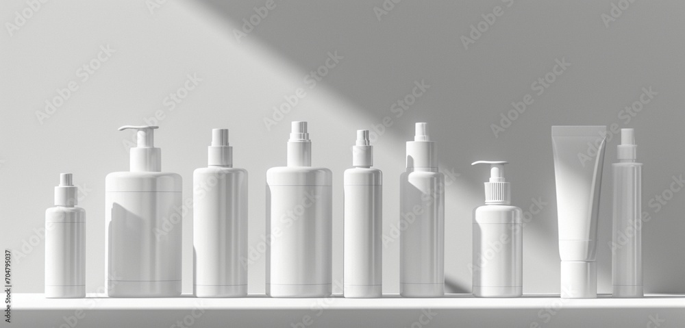 A set of empty cosmetic bottles, pristine in white, showcasing distinct shapes and captured in stunning HD detail. A set of empty cosmetic bottles, pristine in white, showcasing distinct shapes and captured in stunning HD detail.