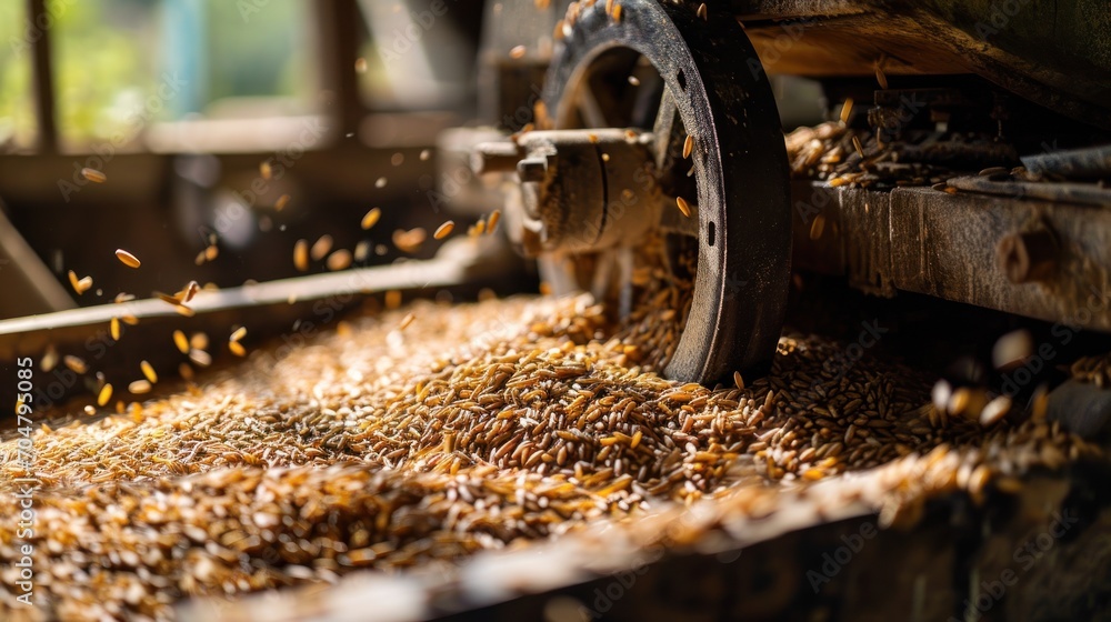 a close up of a machine with a bunch of seeds coming out of the back of it's wheels. a close up of a machine with a bunch of seeds coming out of the back of it's wheels.