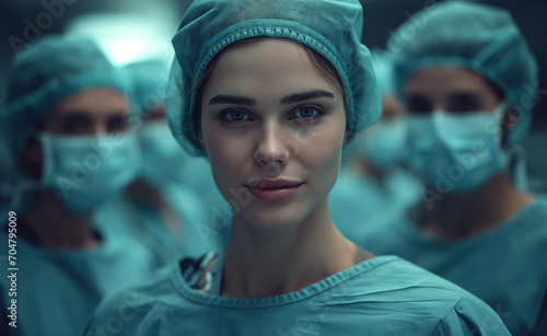 Healthcare hero: A woman surgeon in full scrubs with piercing eyes, exemplifying surgical precision and commitment in a medical setting.