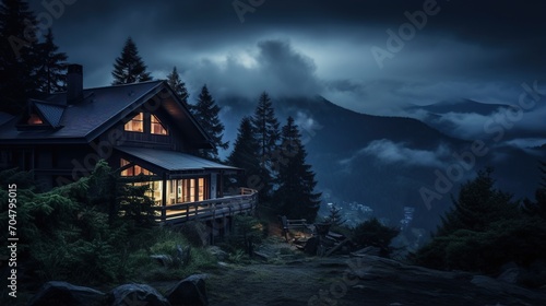 A wooden house in the mountains at night