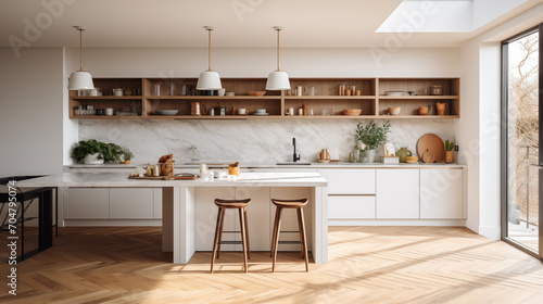 Image of a minimalist kitchen that is functional and efficient, with white cabinets, marble worktops and stainless steel kitchen appliances. generative ai