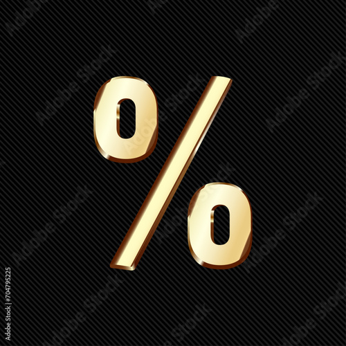 Golden realistic percent sign icon. Rendering of money, finance or business concept. Symbol for percentage, sale, discount, promotion and shopping. Vector illustration