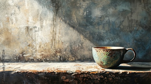  a painting of a coffee cup sitting on top of a wooden table next to a gray wall with peeling paint on it.