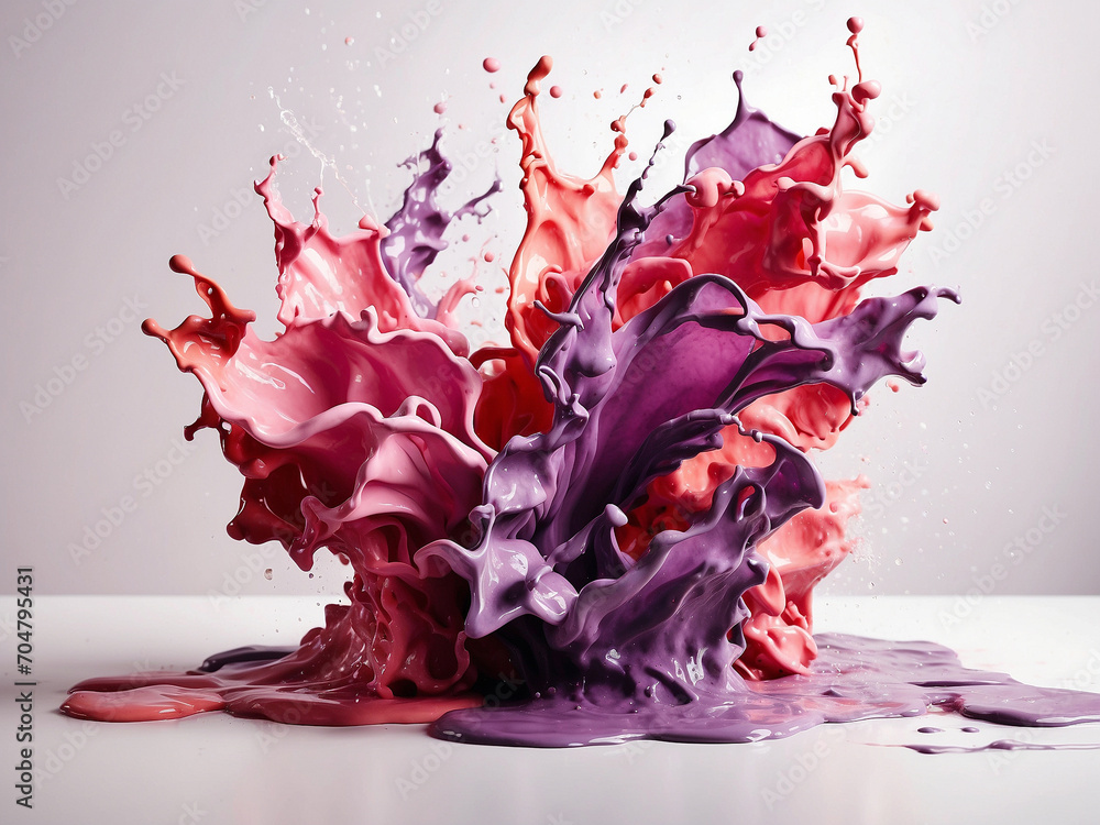Pink and purple splashes splash on the wall on a clean white background