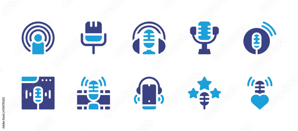 Podcast icon set. Duotone color. Vector illustration. Containing podcast, stream, microphone.