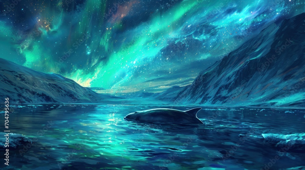  a painting of a whale swimming in a body of water under a night sky filled with stars and aurora lights.