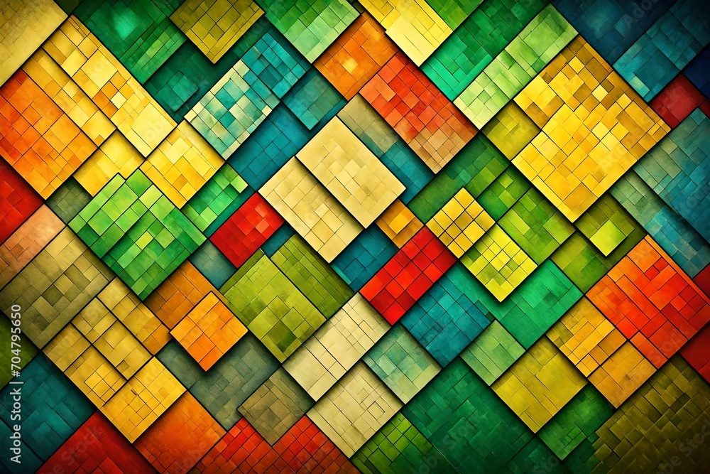 Abstract modern background in blue green red and yellow beige colors and contemporary diamond rectangle square and block shapes layered in random geometric art pattern with fine texture 