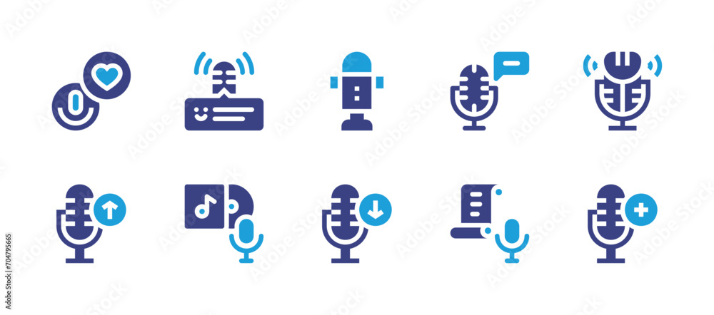 Podcast icon set. Duotone color. Vector illustration. Containing podcast, favorite, microphone, voice control, upload, download.