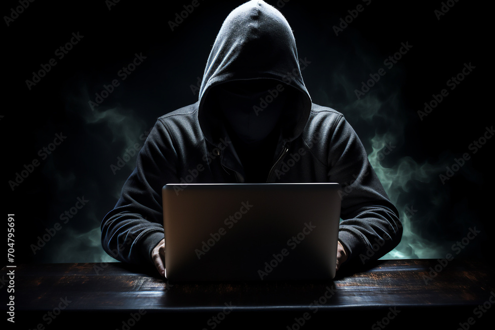 A man is sitting at a laptop on a black background. Hacking and information A man is sitting at a laptop on a black background. Hacking and information