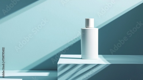 Abstract asymmetrical empty white cosmetic bottle, cool blues. © Jaffir