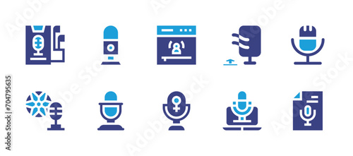 Podcast icon set. Duotone color. Vector illustration. Containing podcast, football, microphone, transcription.
