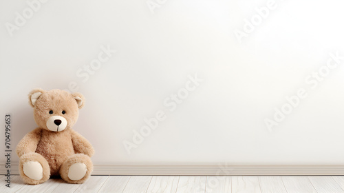 Cute Teddy Bear sitting alone with empty area. Generative AI