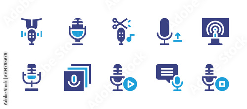 Podcast icon set. Duotone color. Vector illustration. Containing record  upload  lick  scissors  desktop  library  microphone  play button  stop button.