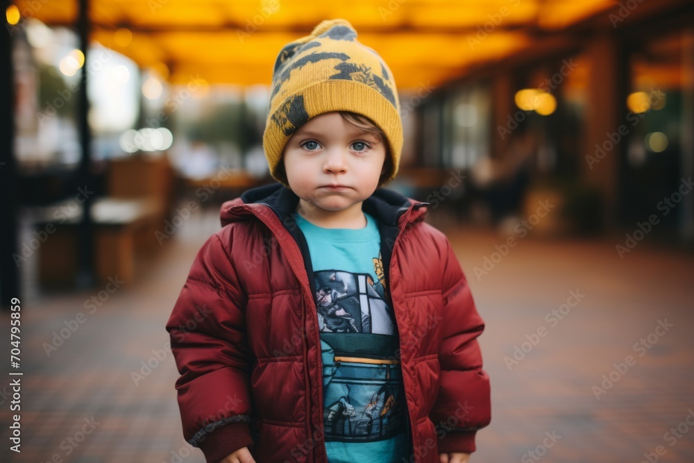 Portrait of a little boy in a red jacket and a knitted hat on the street Portrait of a little boy in a red jacket and a knitted hat on the street