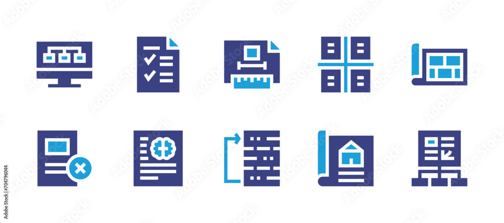 Project icon set. Duotone color. Vector illustration. Containing brief, project, technical drawing, property, workflow.