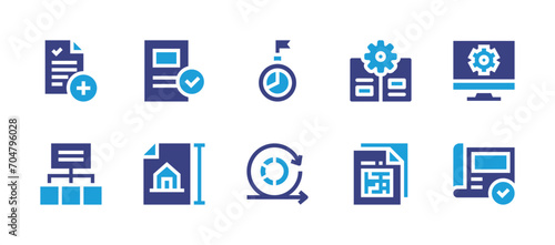 Project icon set. Duotone color. Vector illustration. Containing implementation, new project, project management, guide, project, sprint, blueprint. © Huticon