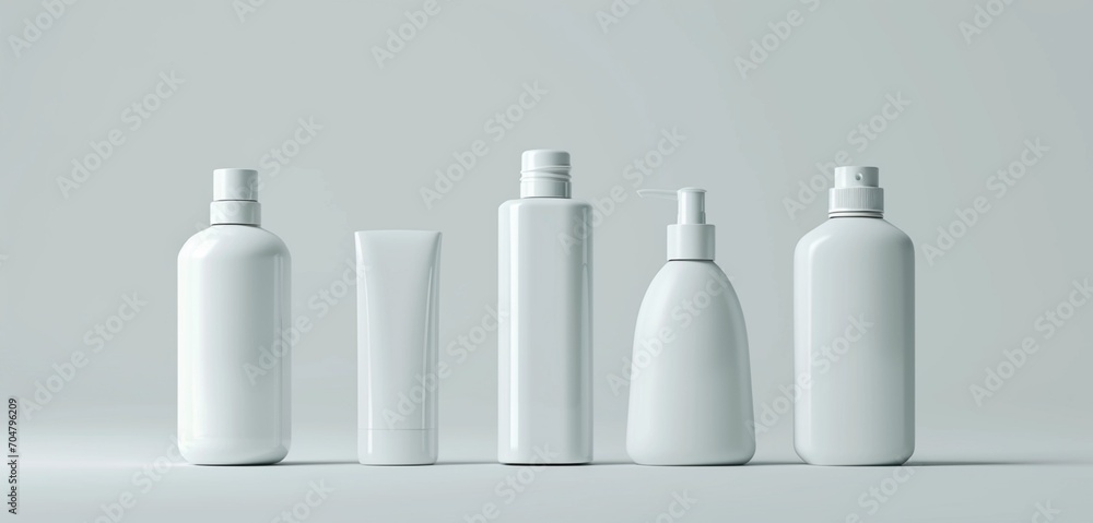 Five empty cosmetic bottles portrayed in HD, each exclusively in pure white, showcasing distinct shapes. Five empty cosmetic bottles portrayed in HD, each exclusively in pure white, showcasing distinct shapes.