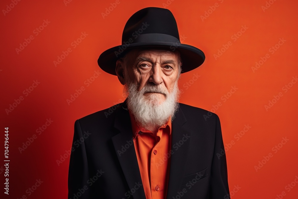 Portrait of an old man with hat and orange shirt on a red background. Portrait of an old man with hat and orange shirt on a red background.