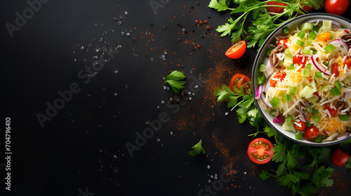 Fresh salad with rice and vegetables on a dark background, copy space, generative ai
