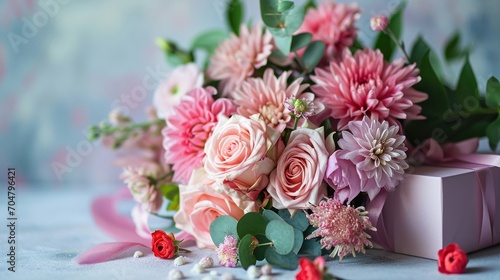  a bouquet of pink flowers sitting on top of a table next to a white box with pink flowers on it.
