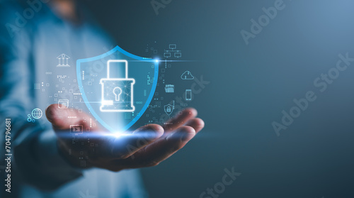 Cybersecurity and privacy concepts to protect data. Lock icon and internet network security technology. Businessman protecting personal information data show on hand, secure, password, privacy, access