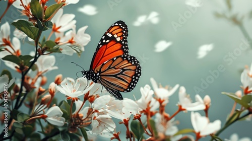  a close up of a butterfly on a flower with many butterflies flying in the sky in the background and in the foreground.